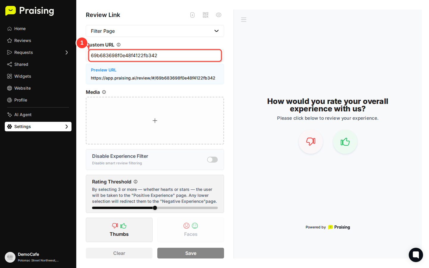 CLICK the Custom URL textbox then highlight the Preview URL text