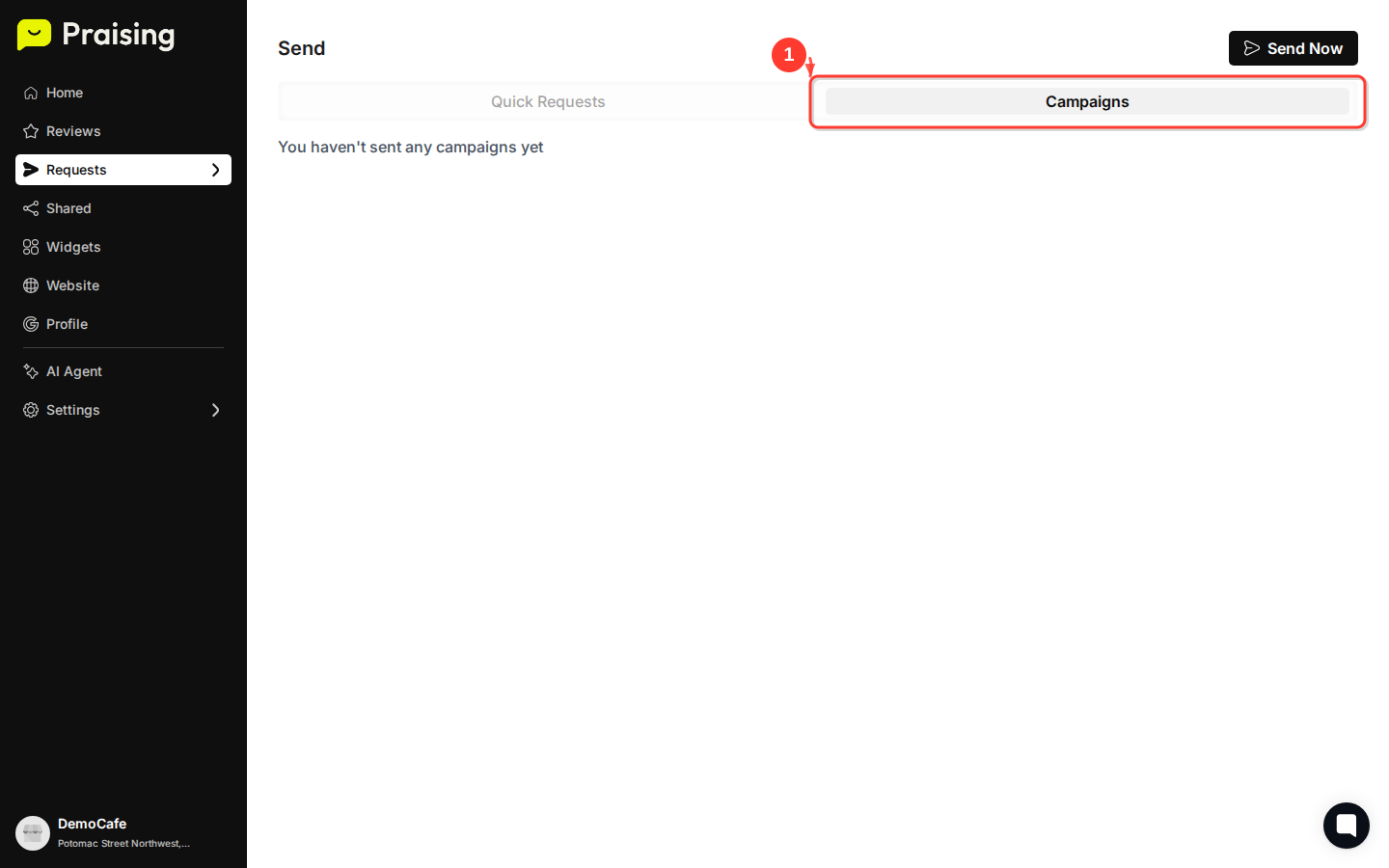 CLICK "Campaigns" tab then highlight the Campaigns tab and empty campaigns area