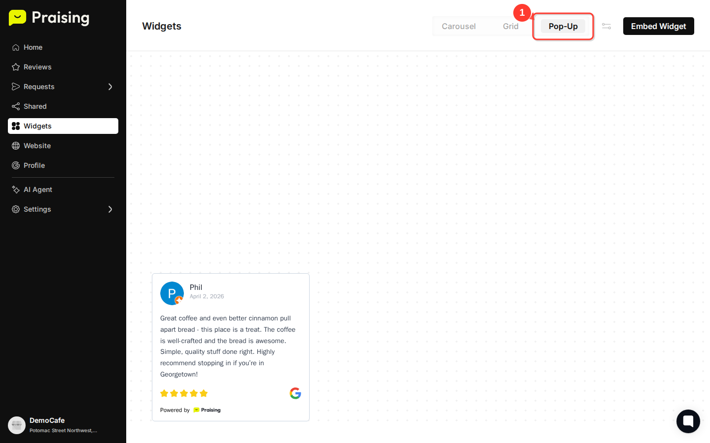 CLICK "Pop-up" tab then highlight the Pop-up tab and a review card showing customer details