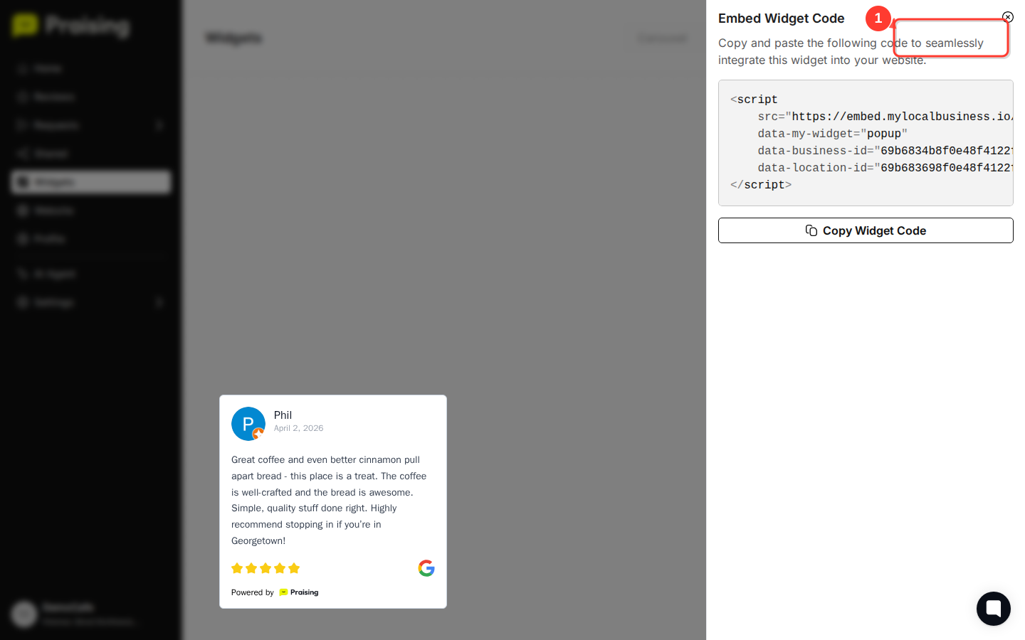 CLICK "Embed Widget" button then highlight the Embed Widget button
