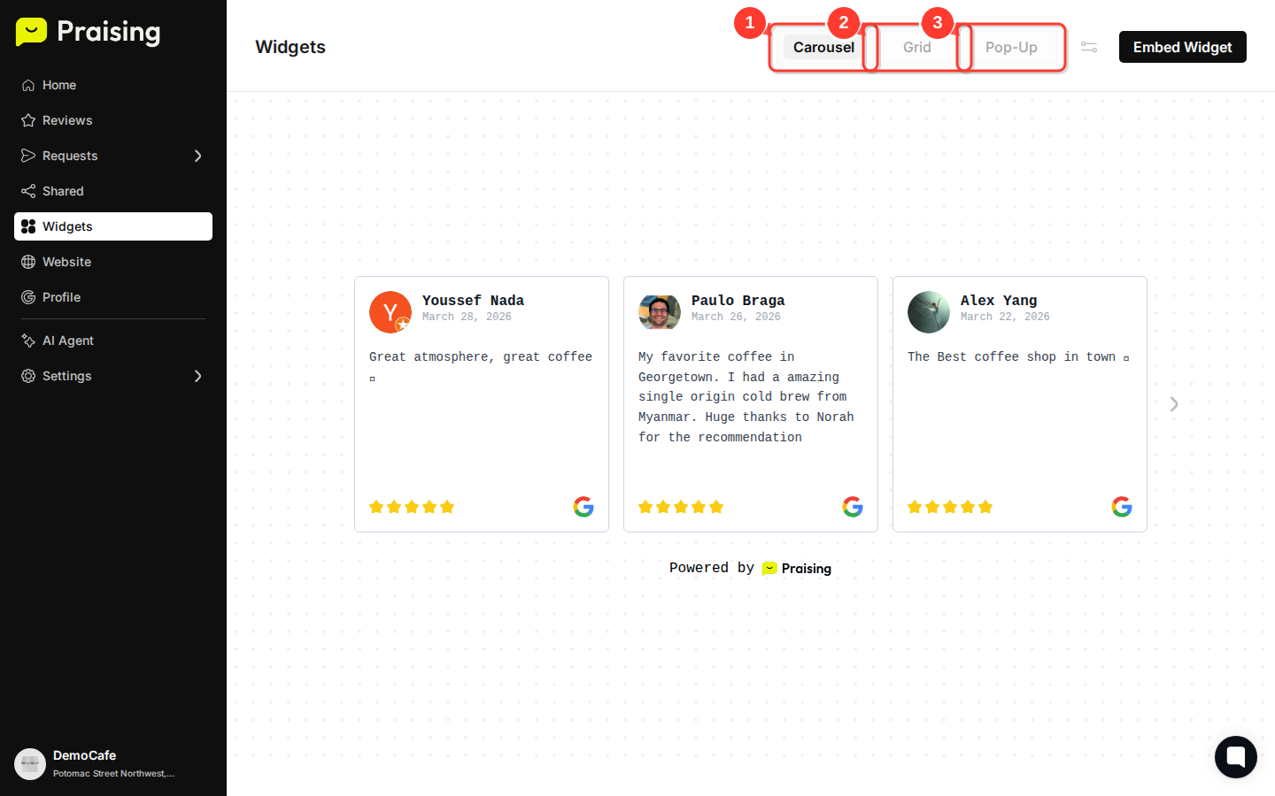 STAY then highlight the three tabs "Carousel", "Grid", and "Pop-up"