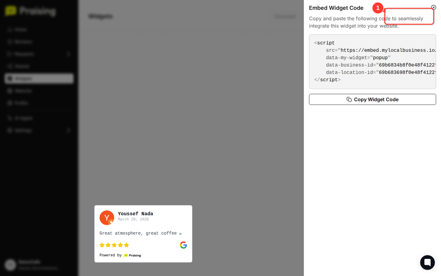 CLICK "Embed Widget" button then highlight the embed code interface