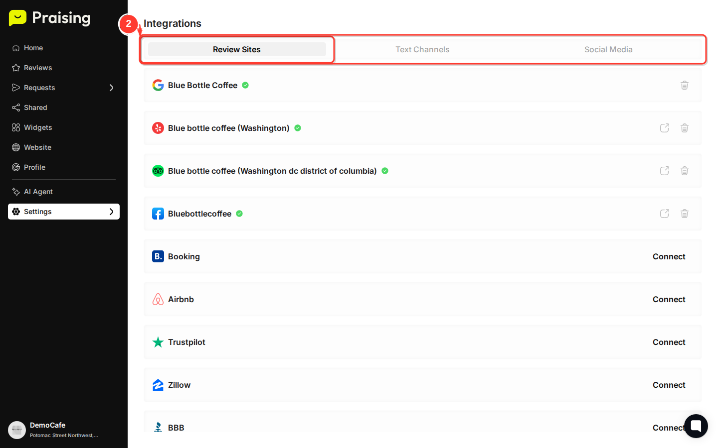 STAY then highlight the "Review Sites" tab and the main integrations interface