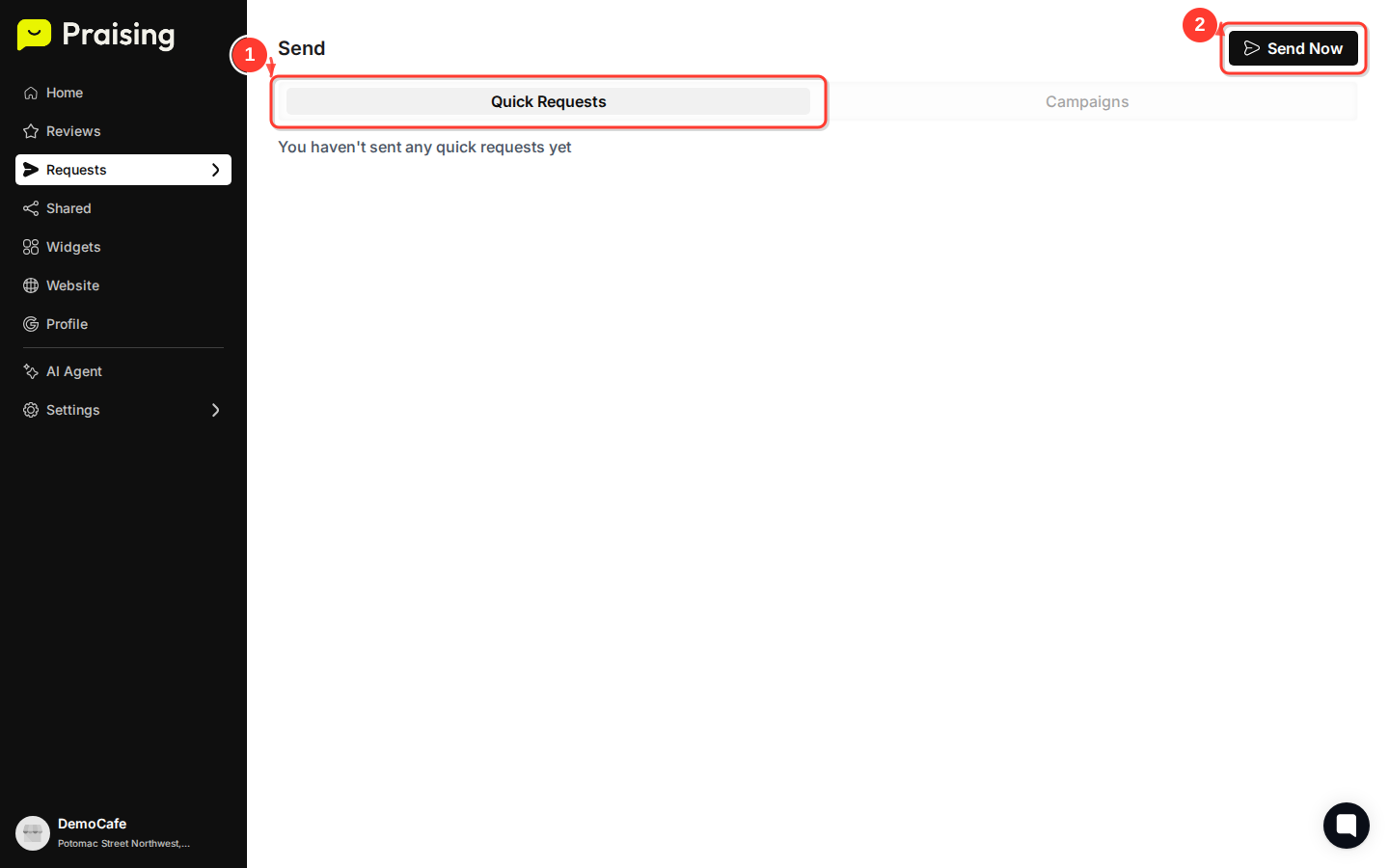 CLICK "Quick Requests" tab then highlight the "Send Now" button with the send icon