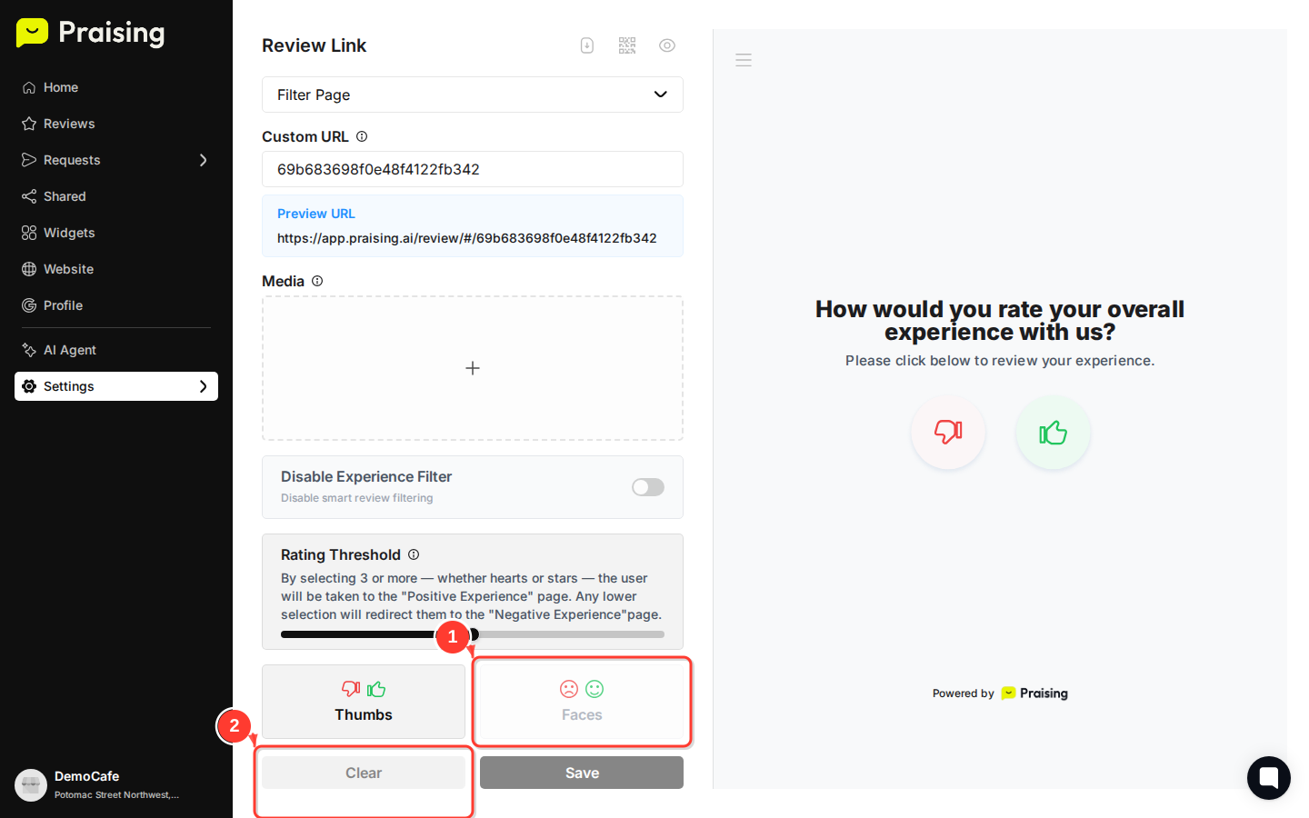 STAY then highlight the four rating style options (Thumbs, Faces, Stars, Hearts)