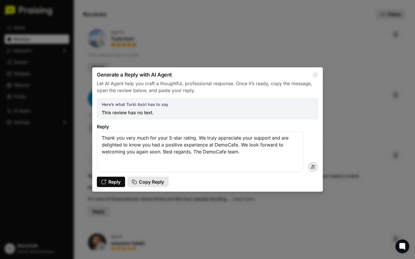 CLICK "Reply" button under Maria Estela Lopes' review then highlight the Reply button