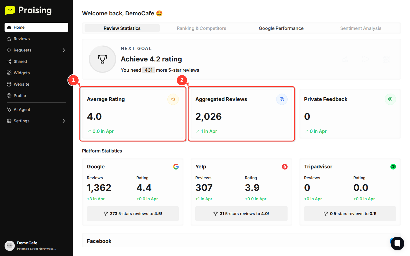 SCROLL DOWN then highlight the Average Rating, Aggregated Reviews, and Private Feedback sections