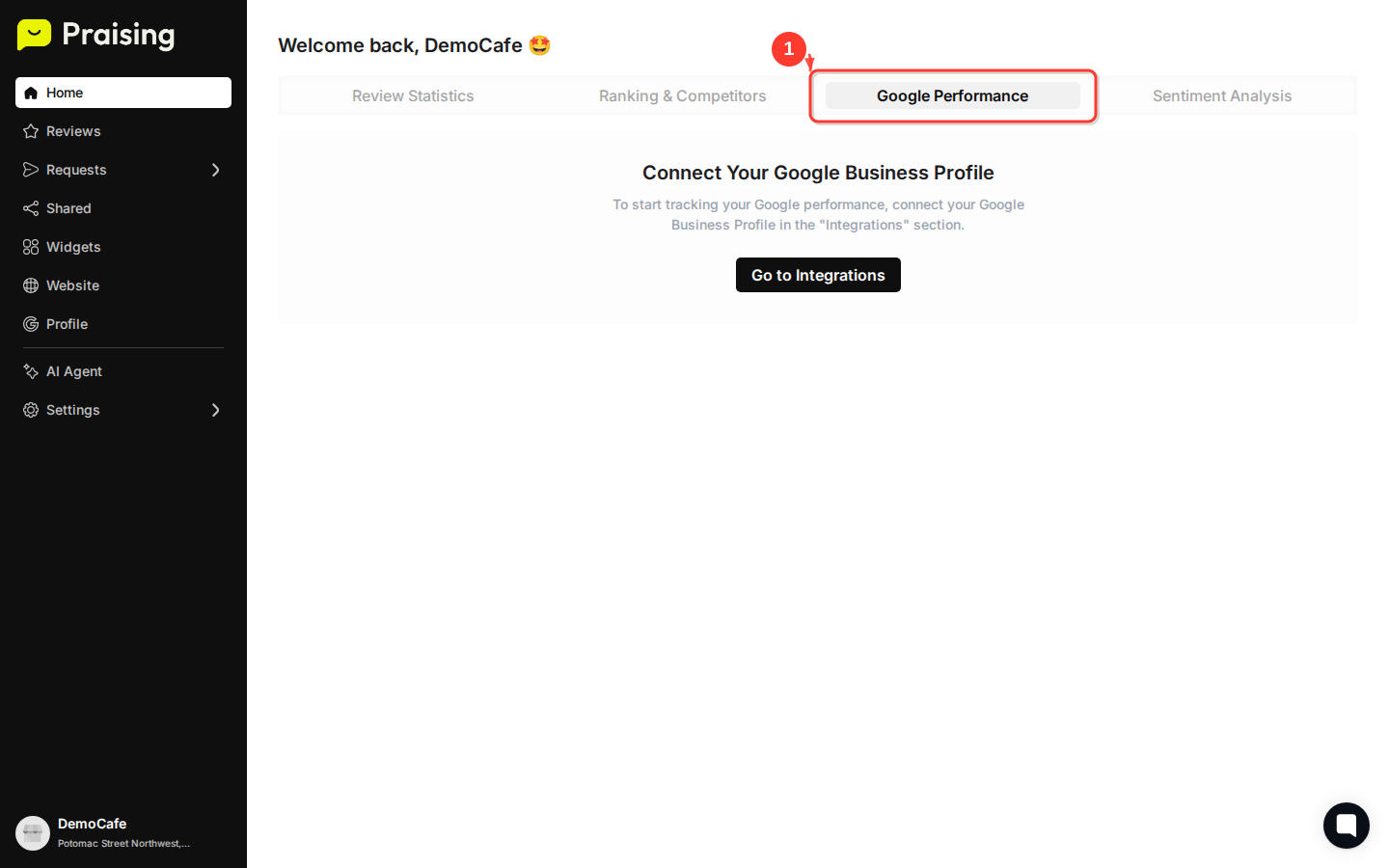 CLICK "Google Performance" tab then highlight the Google analytics dashboard