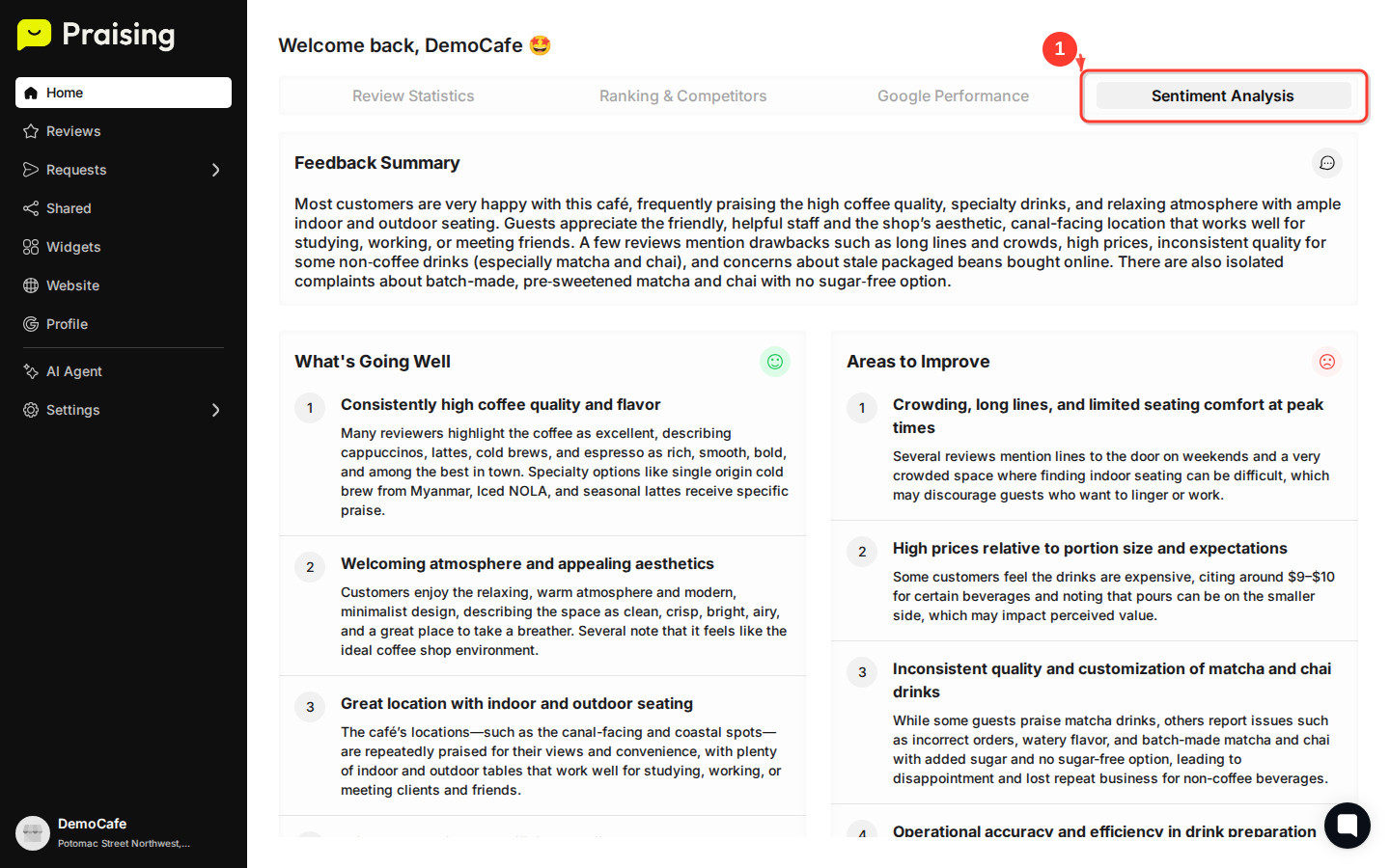 CLICK "Sentiment Analysis" tab then highlight the sentiment analysis charts and metrics