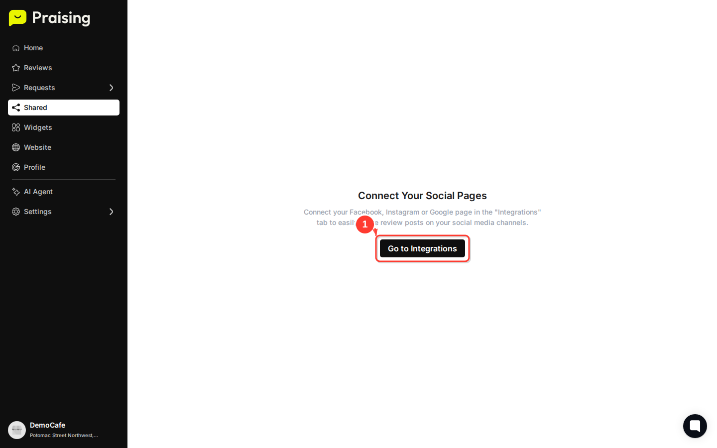 STAY then highlight the "Connect Your Social Pages" section and "Go to Integrations" button