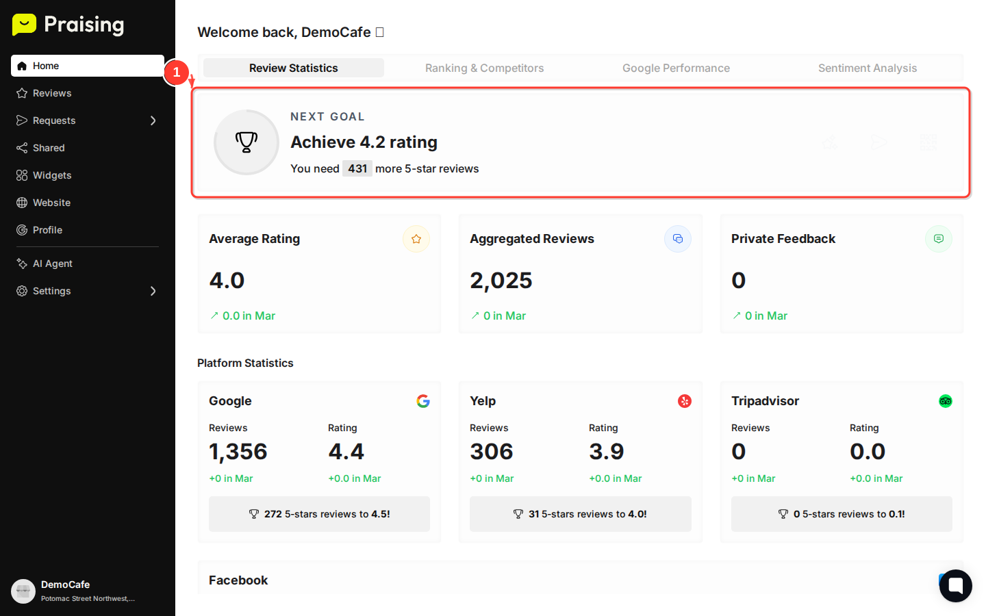 STAY then highlight the "NEXT GOAL Achieve 4.2 rating You need 431 more 5-star reviews" section