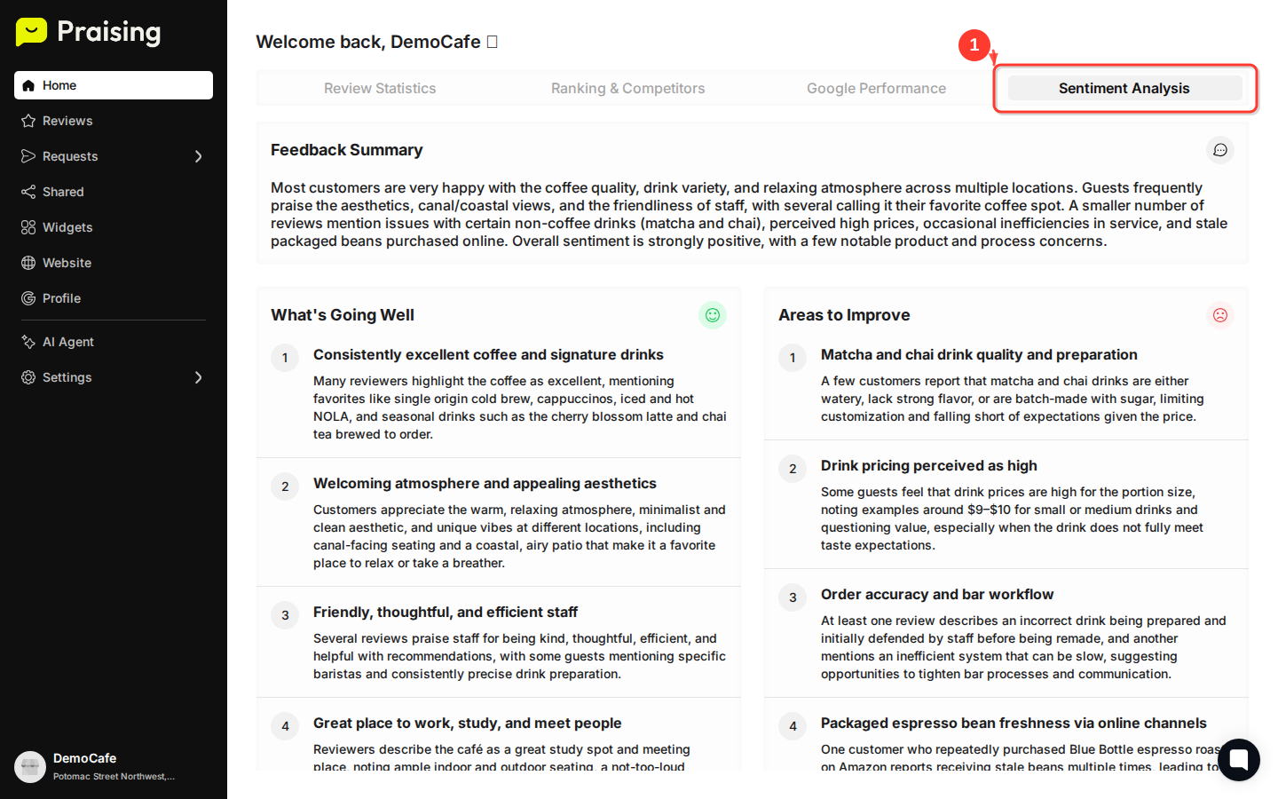 CLICK "Sentiment Analysis" tab then highlight the sentiment analysis data and charts