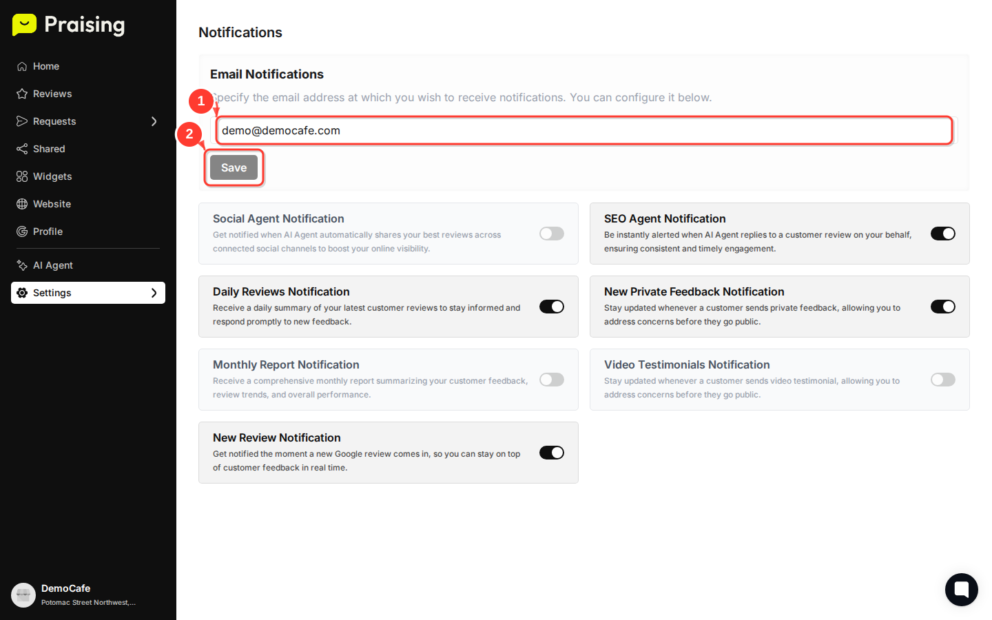 STAY then highlight the notification email textbox and Save button