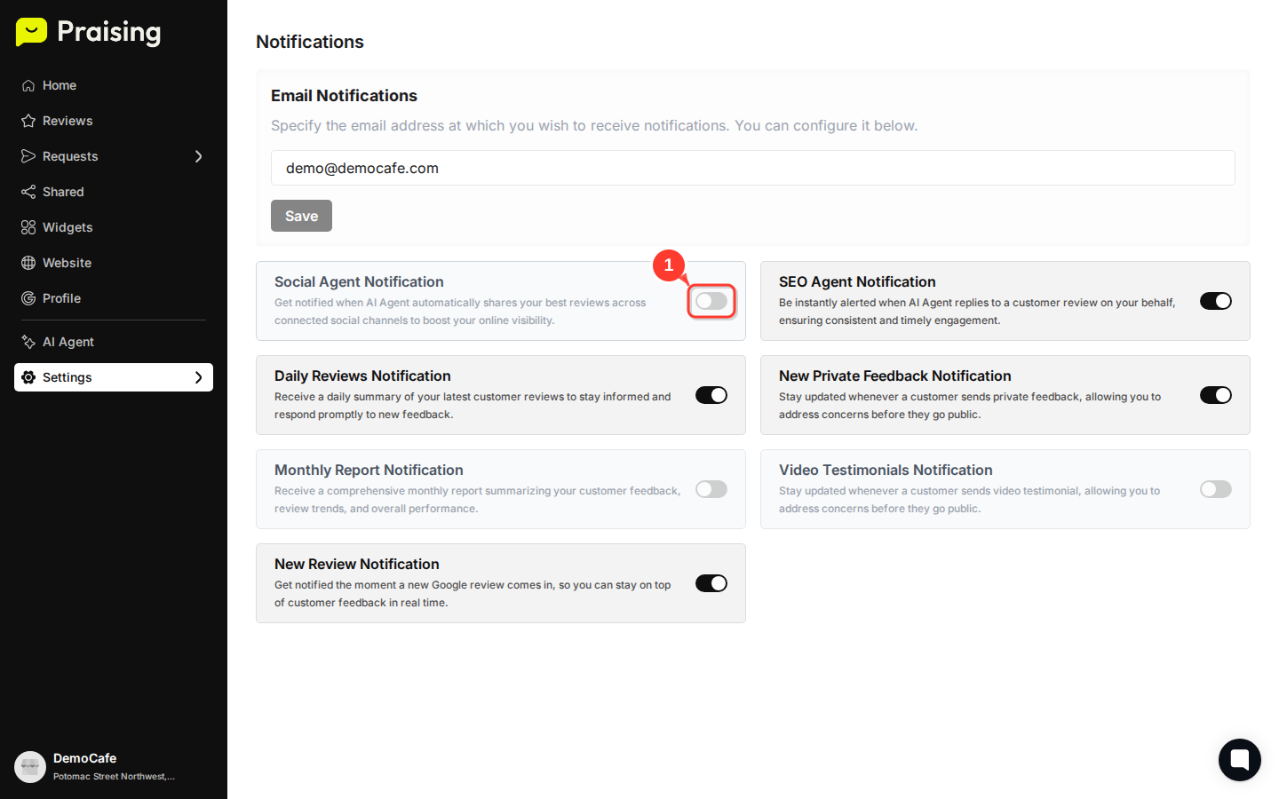 CLICK "Social Agent Notification" toggle then highlight the enabled toggle switch