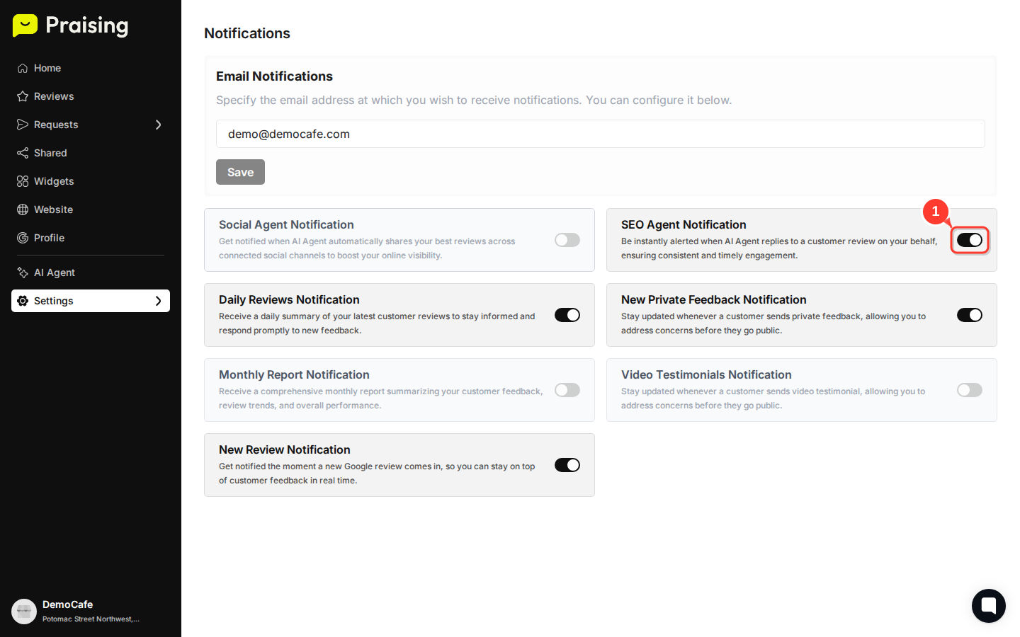 SCROLL DOWN then highlight the SEO Agent Notification section and its enabled toggle