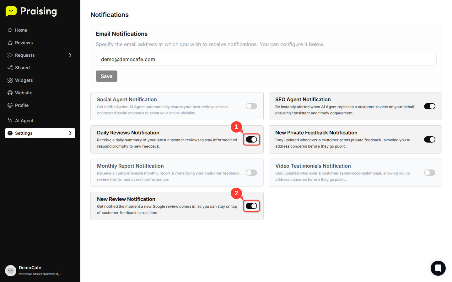 SCROLL DOWN then highlight the Daily Reviews Notification and New Review Notification toggles