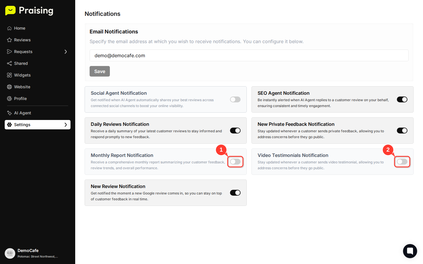 SCROLL DOWN then highlight the Monthly Report Notification and Video Testimonials Notification sections