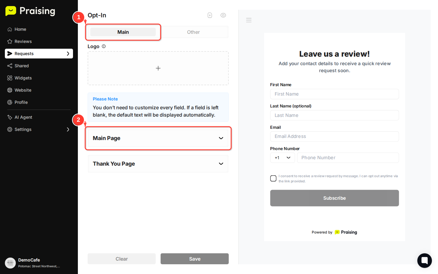 STAY then highlight the "Main" tab and the main page preview section