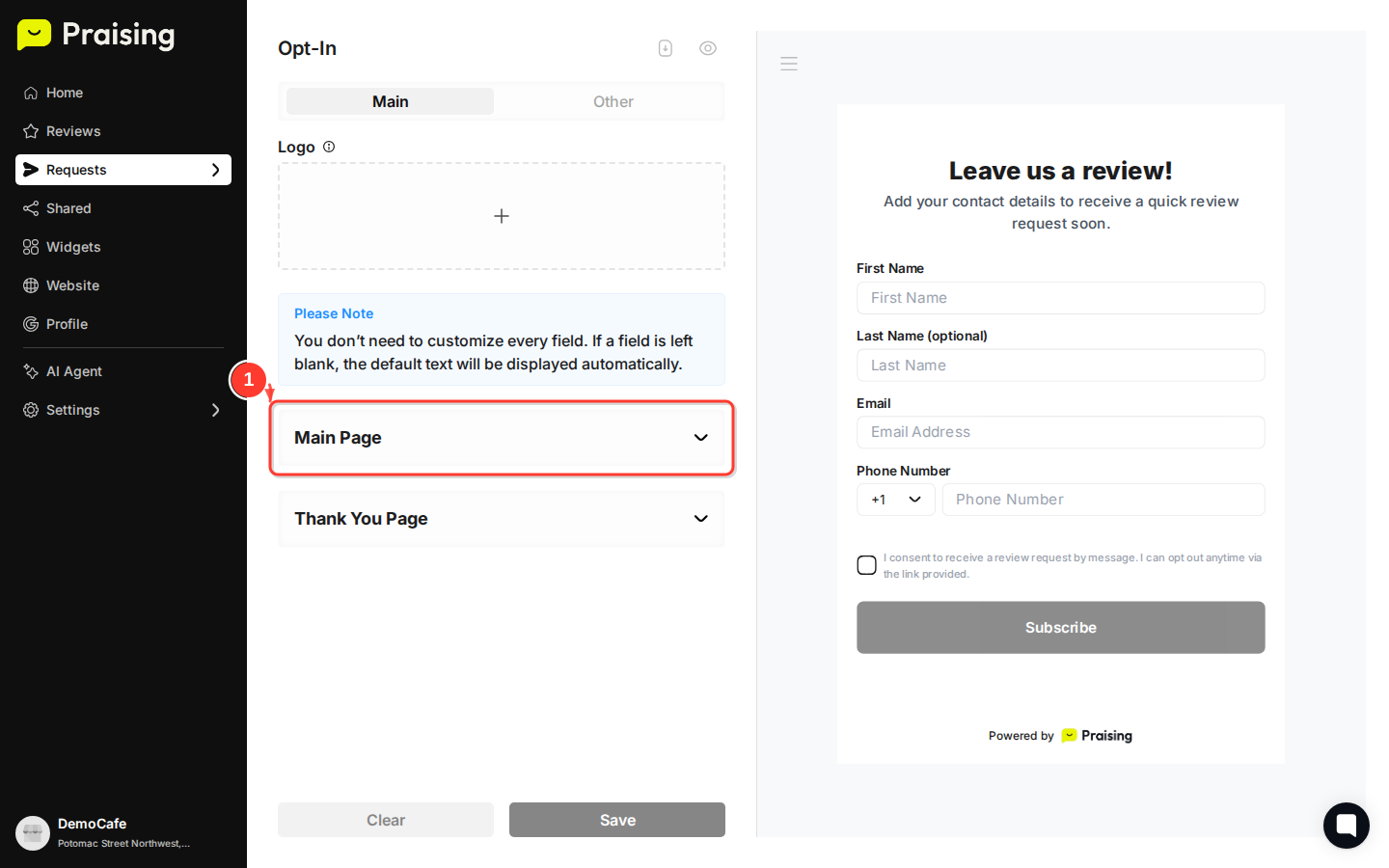 SCROLL DOWN then highlight the main page customization fields and preview
