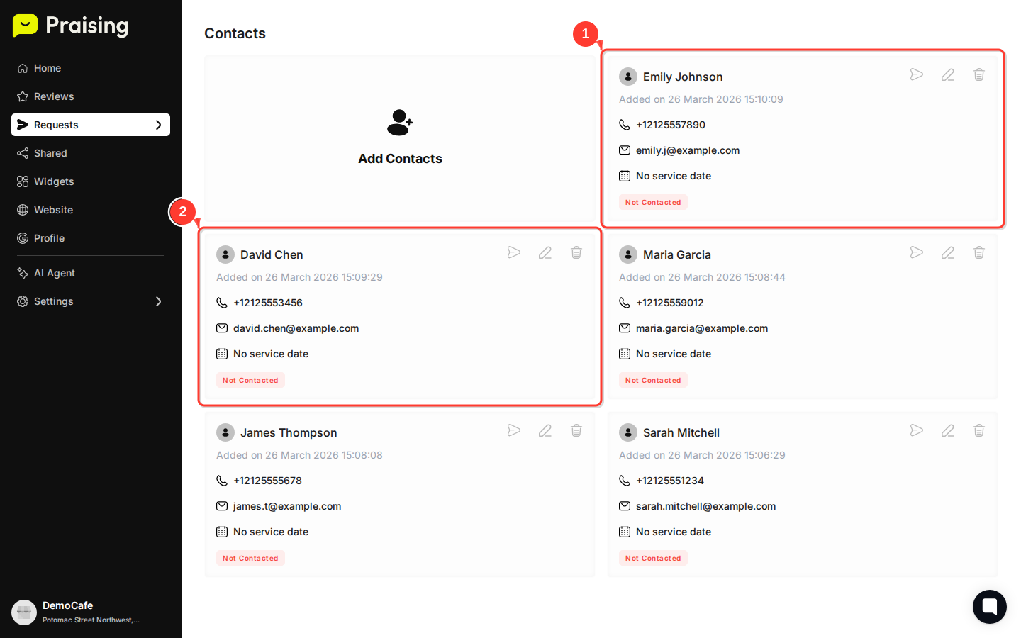 STAY then highlight the contacts list showing Emily Johnson, David Chen, and other contacts with their details