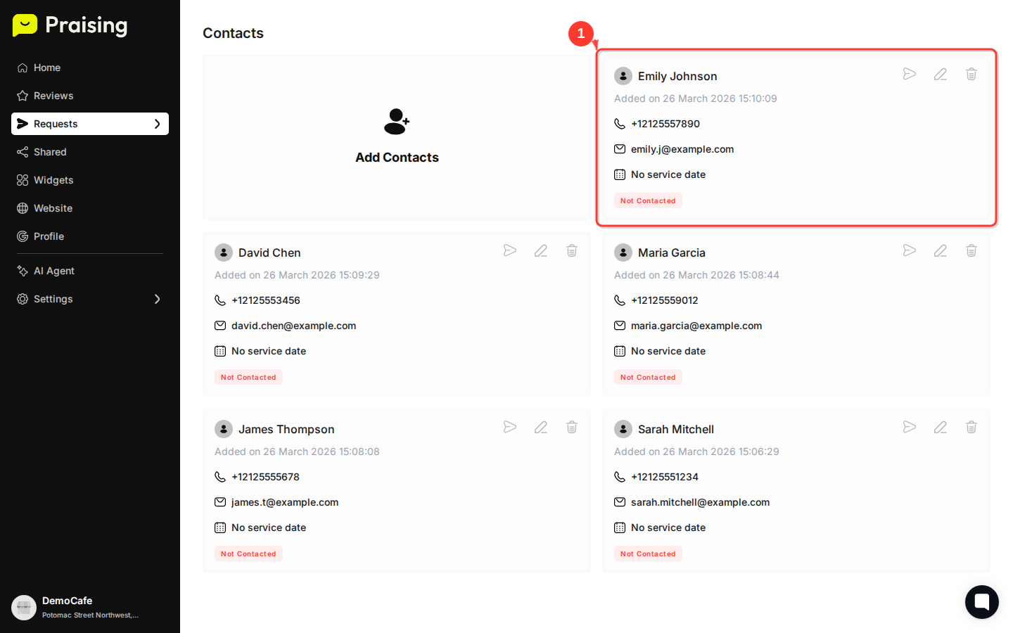 HOVER "Emily Johnson" contact card then highlight the contact details including phone "+12125557890" and email "emily.j@example.com"