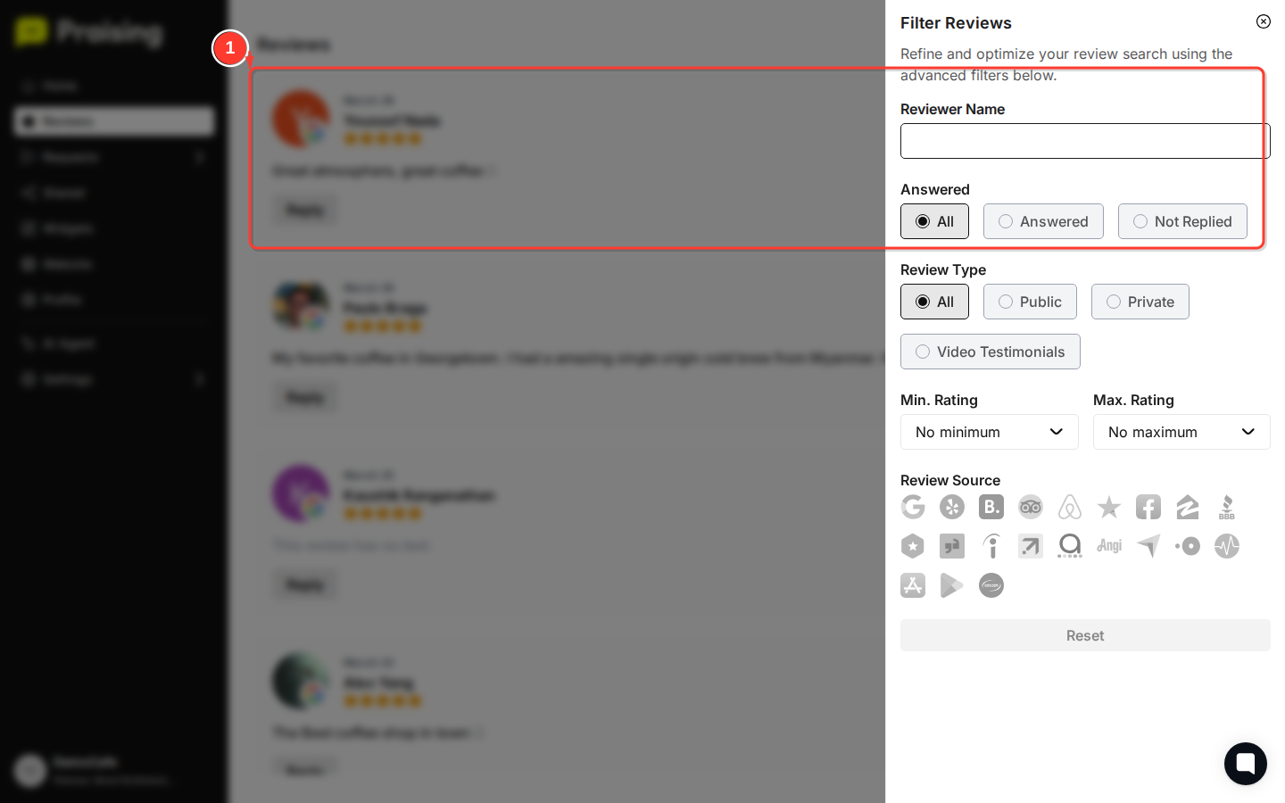 SCROLL DOWN then highlight the filtered review list showing fewer results