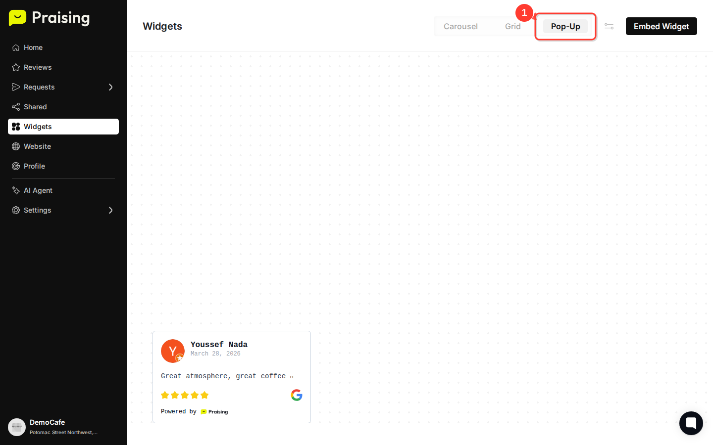CLICK "Pop-up" tab then highlight the pop-up widget preview