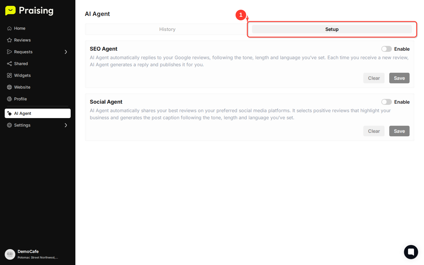 CLICK "Setup" tab then highlight the Setup tab and configuration panel