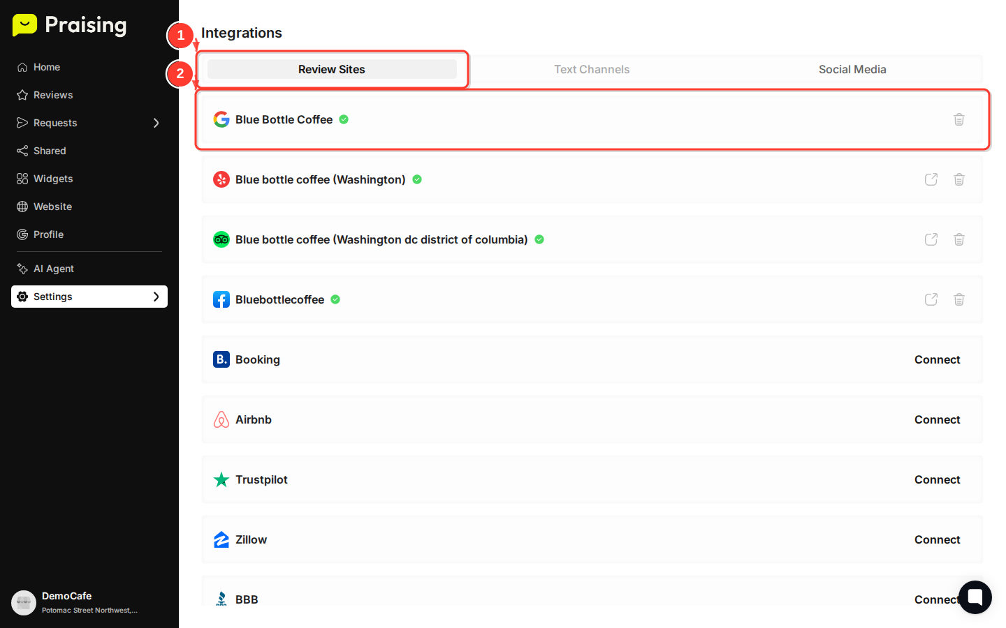 STAY then highlight the "Review Sites" tab and the list of integration options
