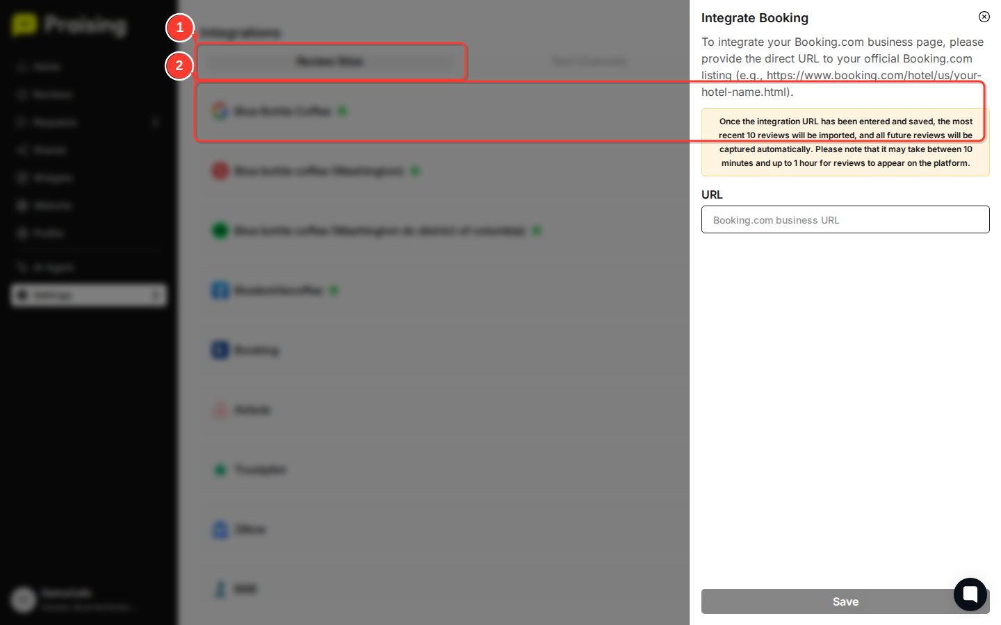 CLICK "Review Sites" tab then highlight the connected Google Business profiles section at the top