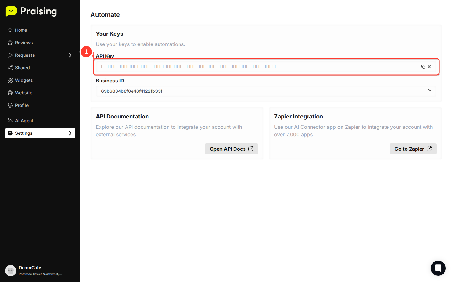 STAY then highlight the API Key field with masked characters