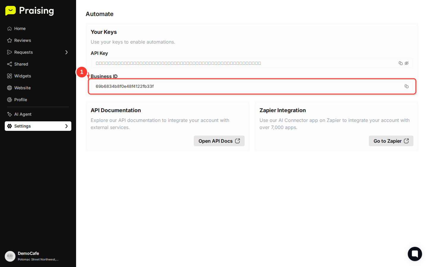 CLICK the copy icon next to Business ID then highlight the Business ID field