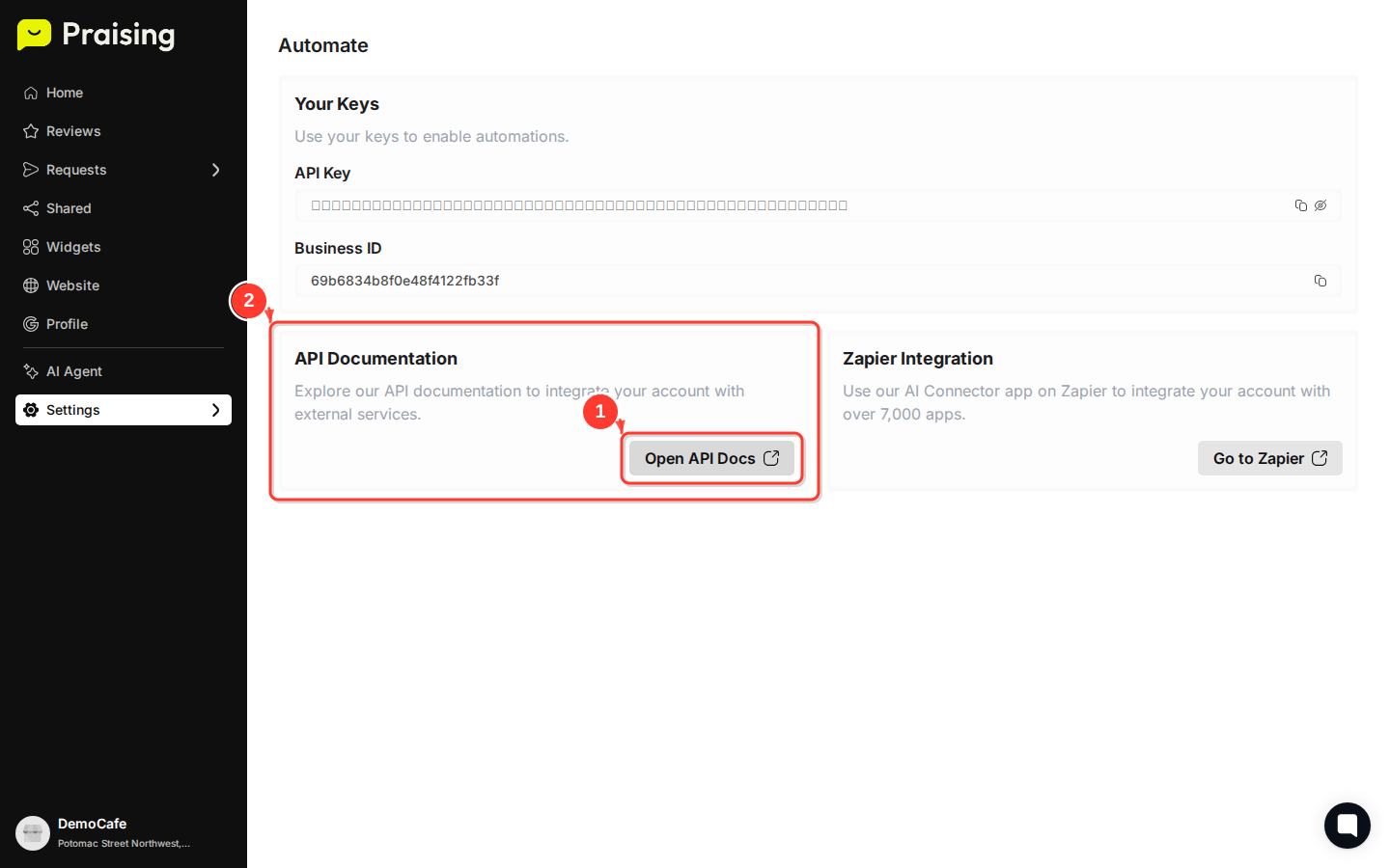 CLICK "Open API Docs" button then highlight the API Documentation section