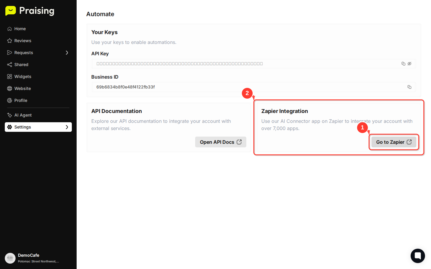CLICK "Go to Zapier" button then highlight the Zapier Integration section