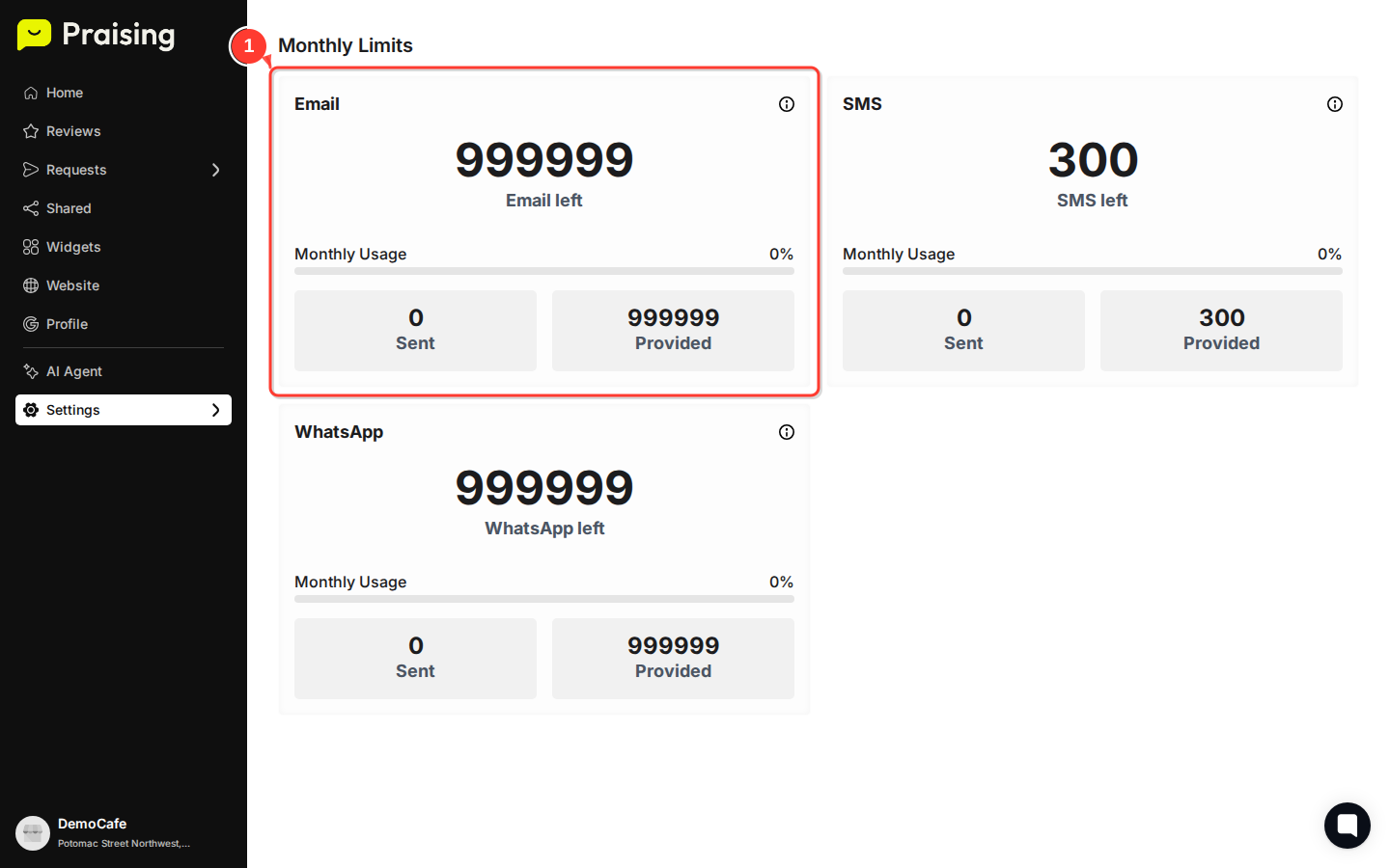 CLICK "Email" section then highlight the email usage card with progress bar and "999999 Email left" text