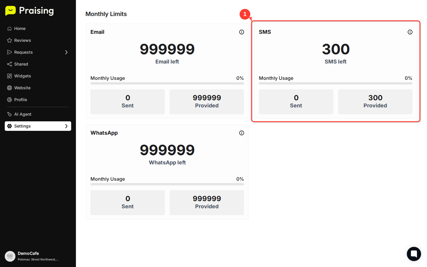 SCROLL DOWN then highlight the SMS usage card showing "300 SMS left" and usage percentage