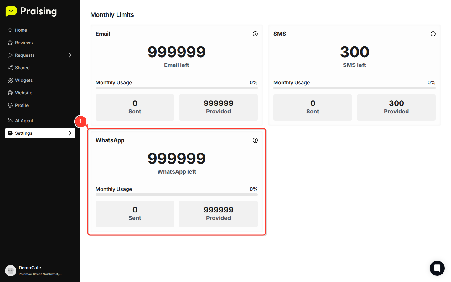 SCROLL DOWN then highlight the WhatsApp usage card displaying "999999 WhatsApp left" and usage statistics