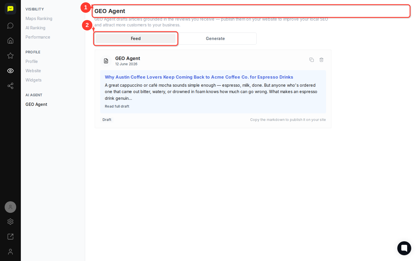STAY then highlight the "GEO Agent" heading and the Feed/Generate tab buttons