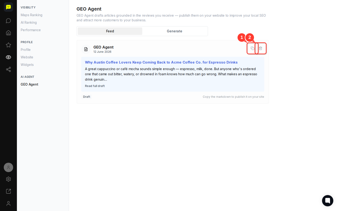 HOVER "Delete draft" button then highlight the Delete draft and Copy markdown action buttons on the draft card
