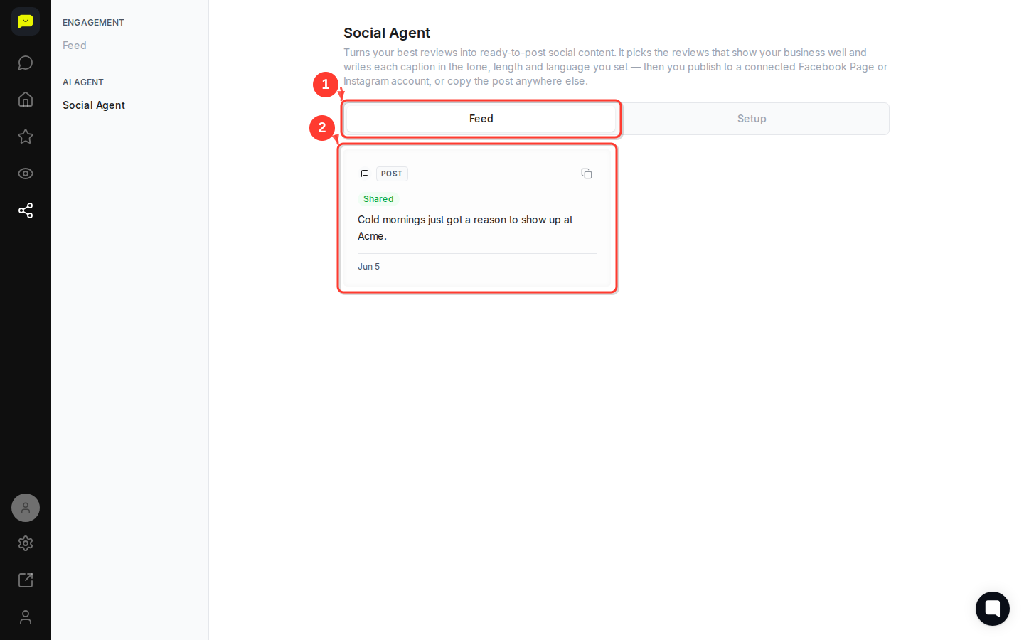 CLICK "feed" button then highlight the post card showing the caption text and the "Shared" status label