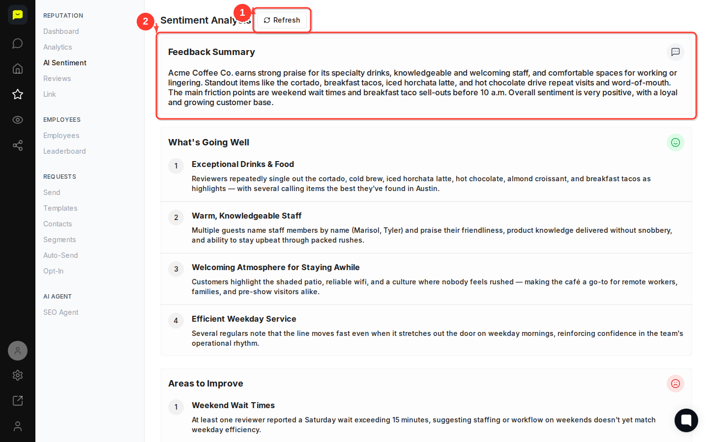 HOVER "Refresh" button then highlight the "Feedback Summary" paragraph below the heading