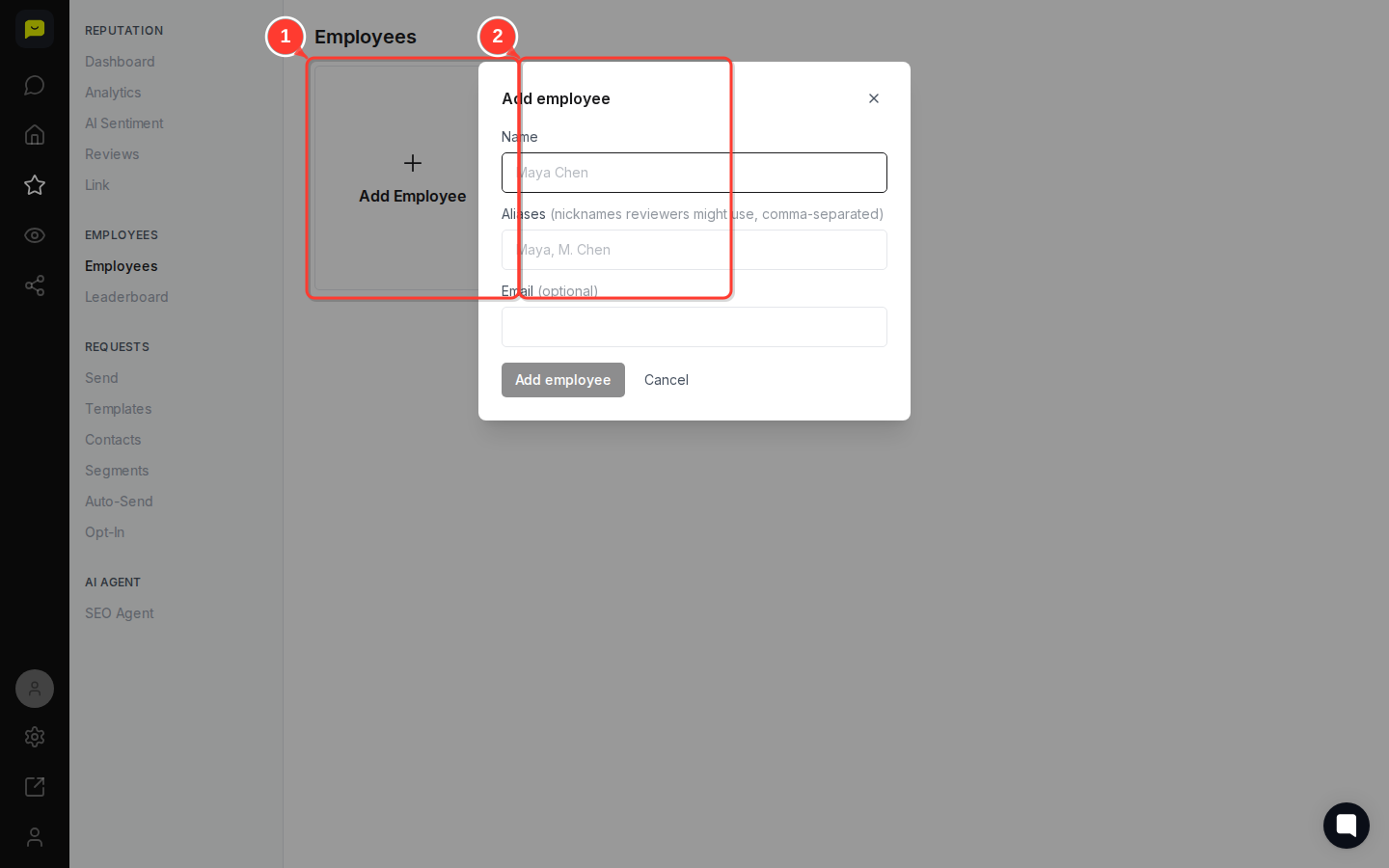CLICK "Add Employee" then highlight the Add Employee button and the form or modal that appears