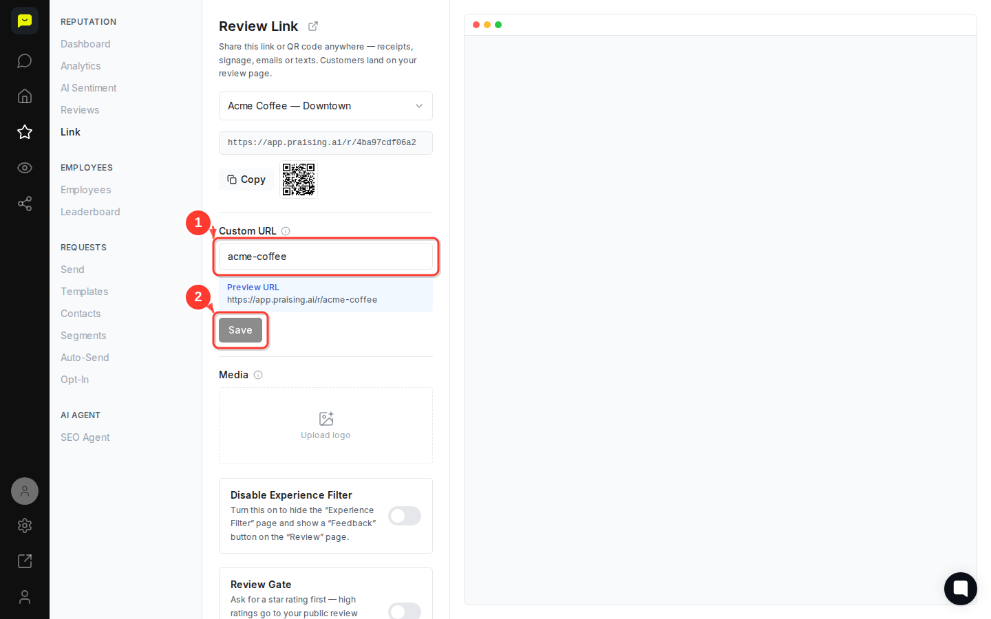 CLICK "Custom URL" text field then highlight the Preview URL and Save button