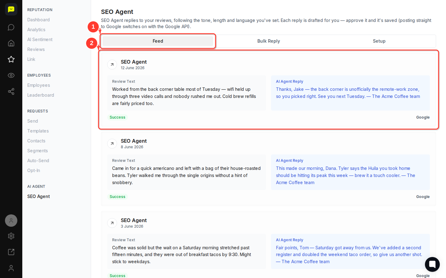 STAY then highlight the Feed tab and the first review card showing "Review Text" and "AI Agent Reply" sections