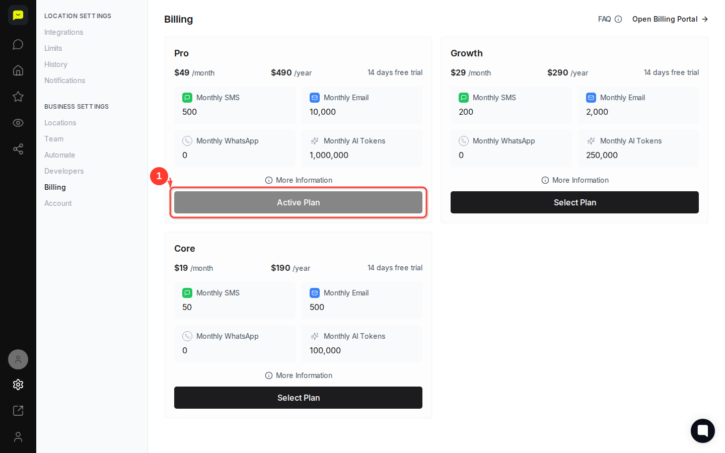 STAY then highlight the "Active Plan" button on the Pro plan card and the three plan tier cards