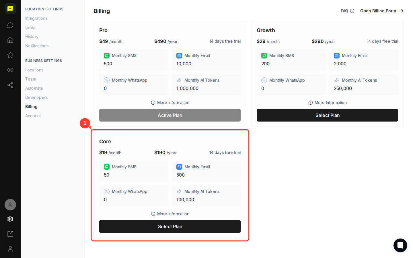 SCROLL DOWN then highlight the "Select Plan" button on the Core plan card and the annual pricing "$190 /year" label