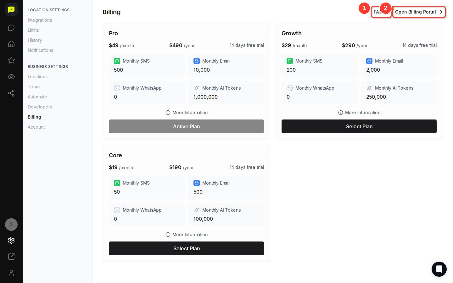HOVER "Open Billing Portal" button then highlight both the "FAQ" button and "Open Billing Portal" button in the top toolbar